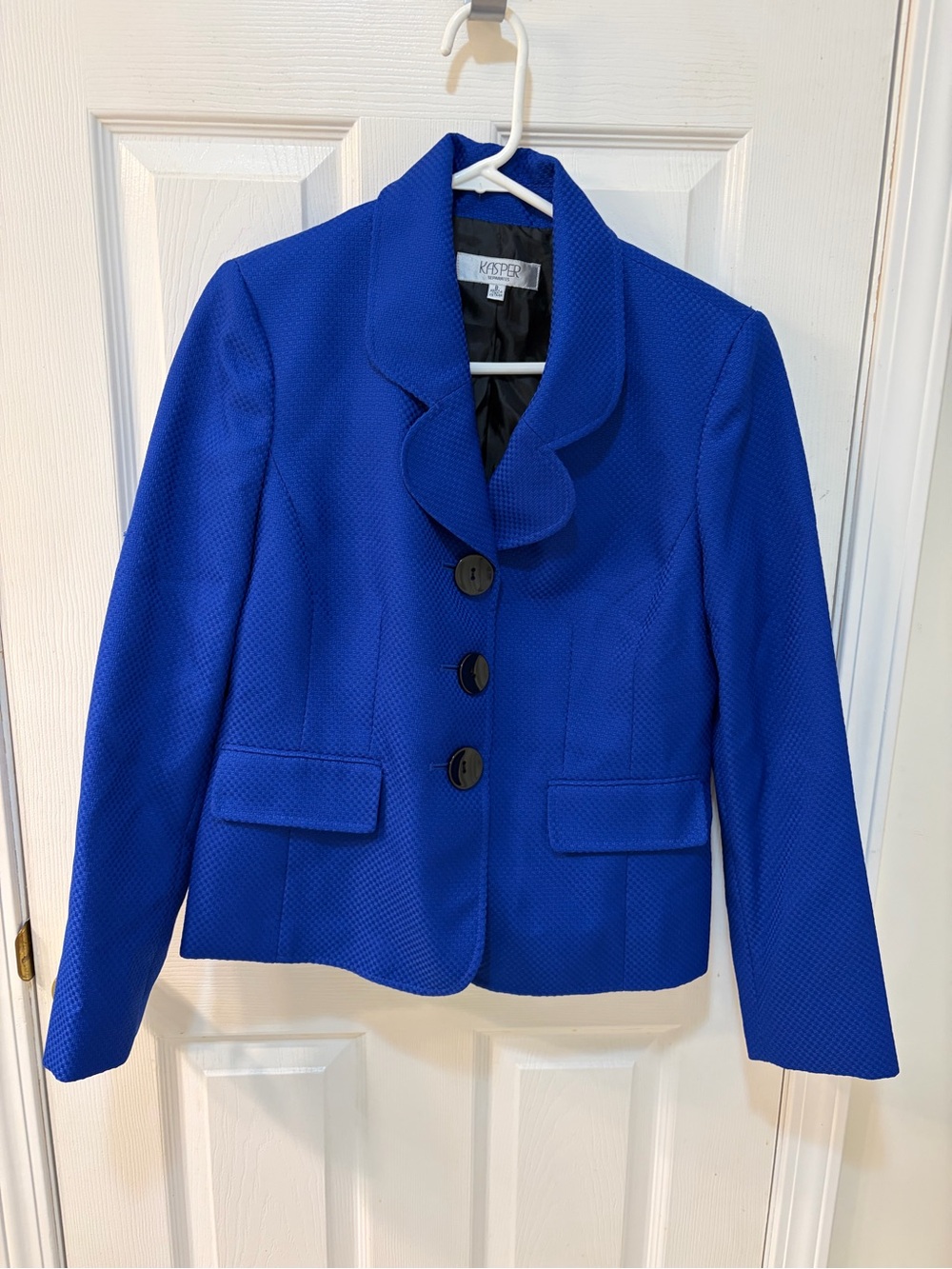 Kasper Royal Blue Ruffle-Collar Button Blazer